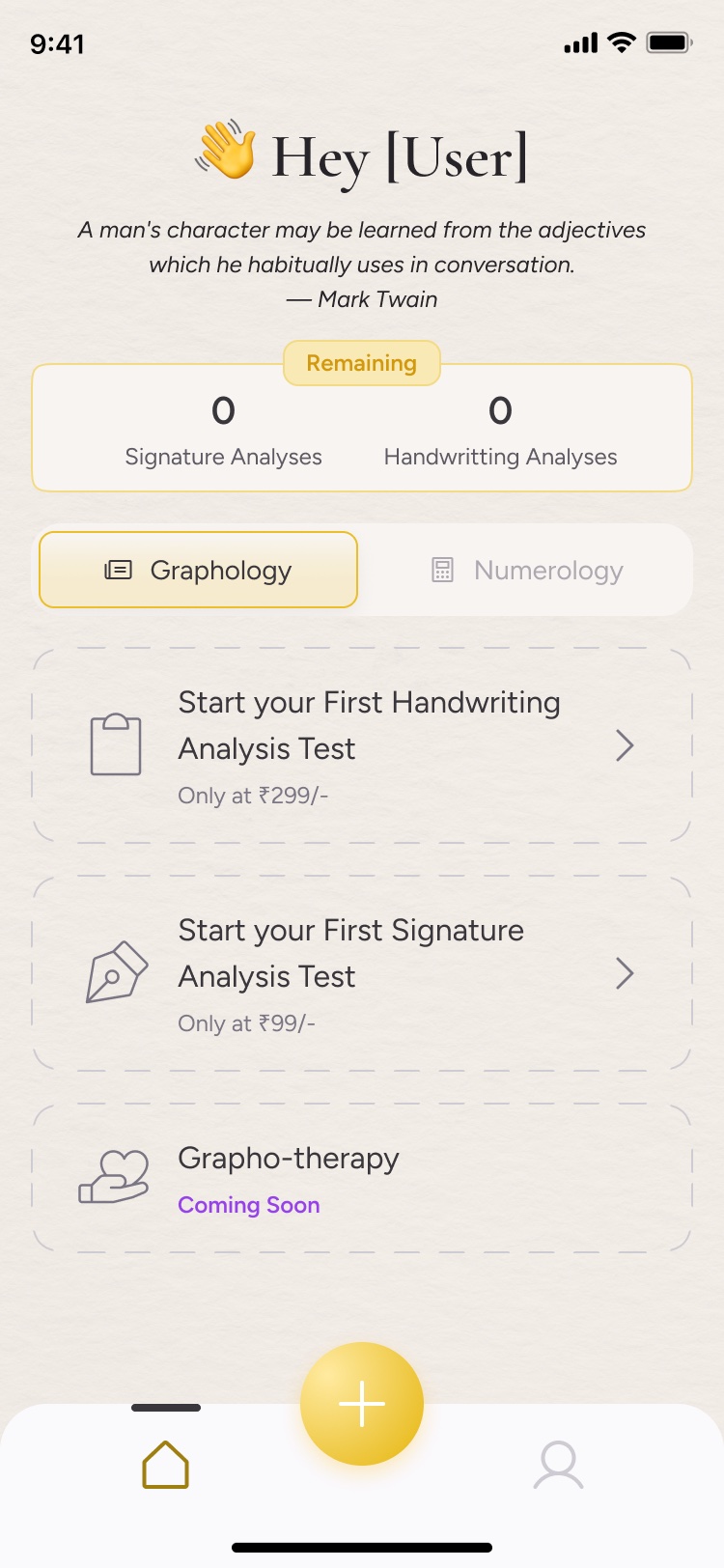 Soulera app home: handwriting and signature analyses to start.