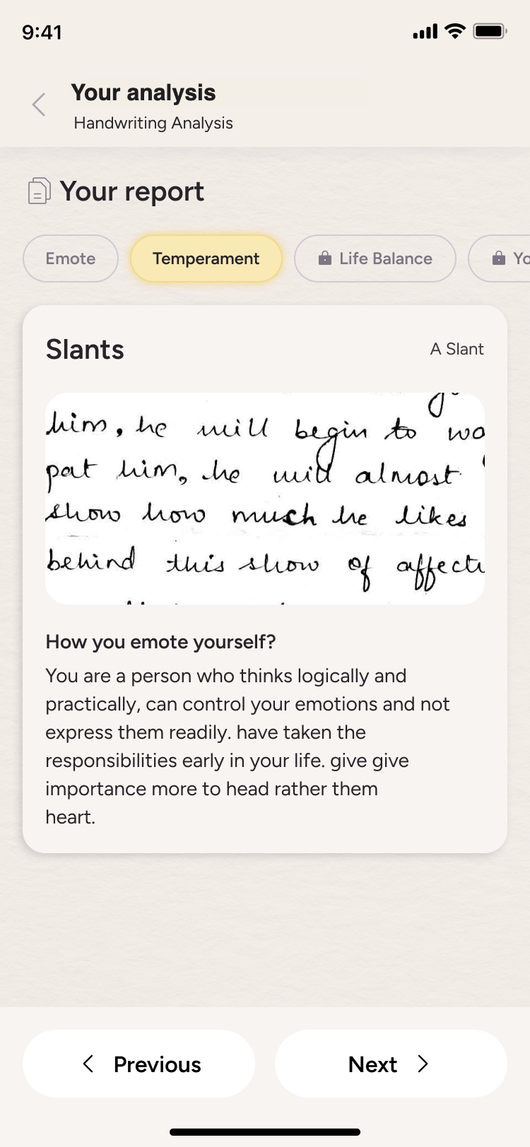 A report screen showing the slant of the writing with a sample.