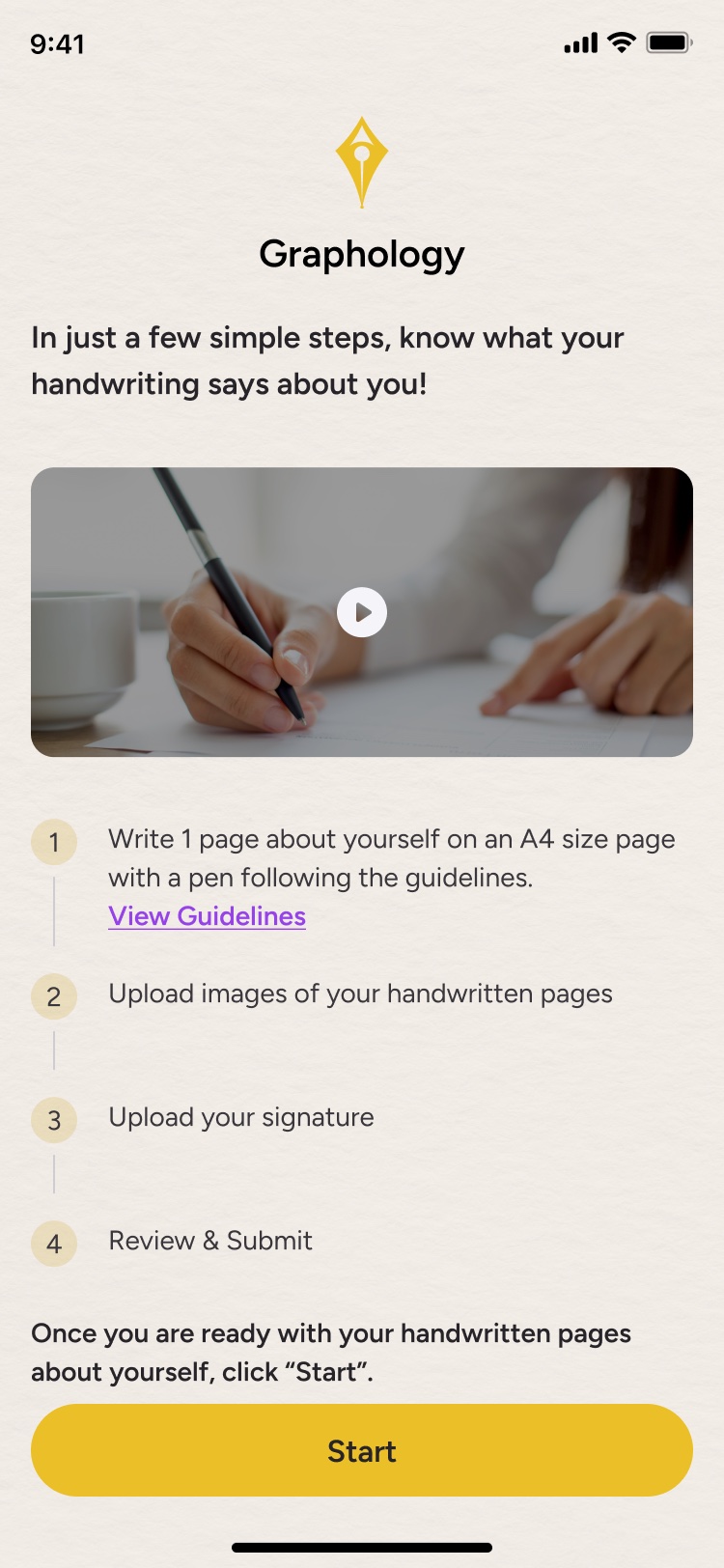 Four steps: write a page, upload it, upload a signature, submit.