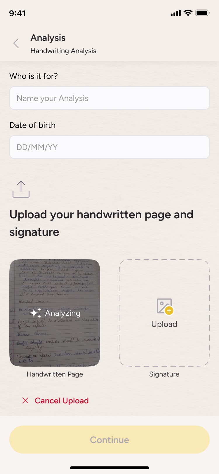 Upload screen with a handwritten page being analysed.