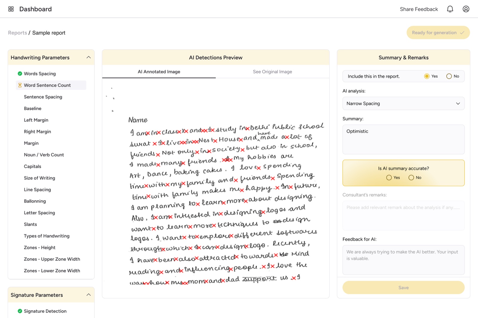 Soulera's consultant portal: a list of handwriting parameters, the AI-annotated page, and a panel for the summary and the consultant's remarks.