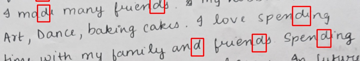 Handwriting with every letter d boxed.