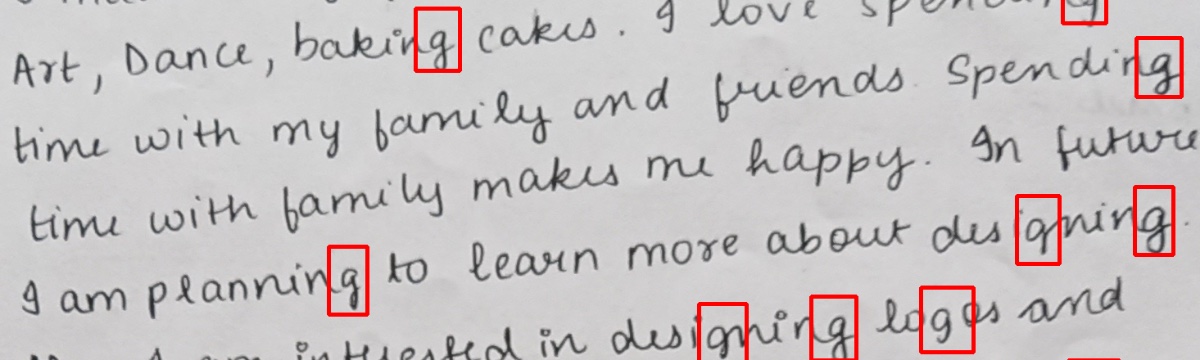 Handwriting with every letter g boxed.