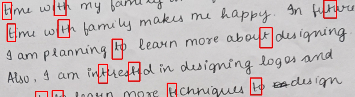 Handwriting with every letter t boxed.